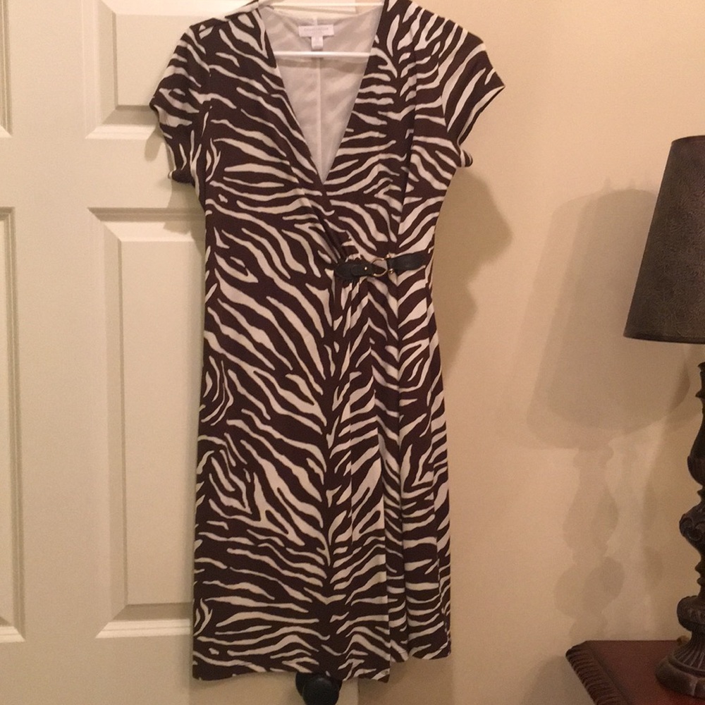 Knit partial wrap dress with leather toggle side